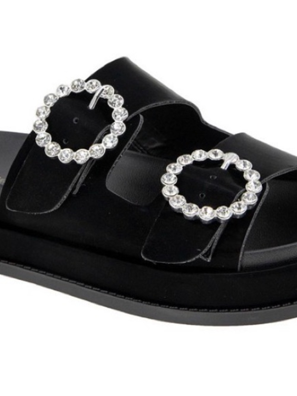 BCBGeneration “Batina” Black Slide Sandals with Crystal Buckle Accents
